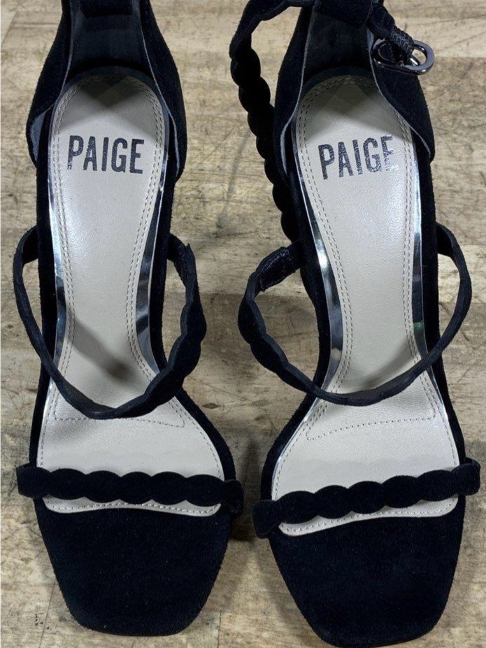 PAIGE Black Scalloped Strap Suede Heeled Sandals